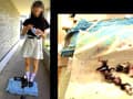 カエルを仕込んだ玄関マットを踏んで2人の美女がダンス