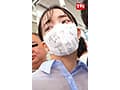 電車の中でインナーを抜き取られ透け巨乳を見られる羞恥で抵抗できないシアーシャツ女子3
